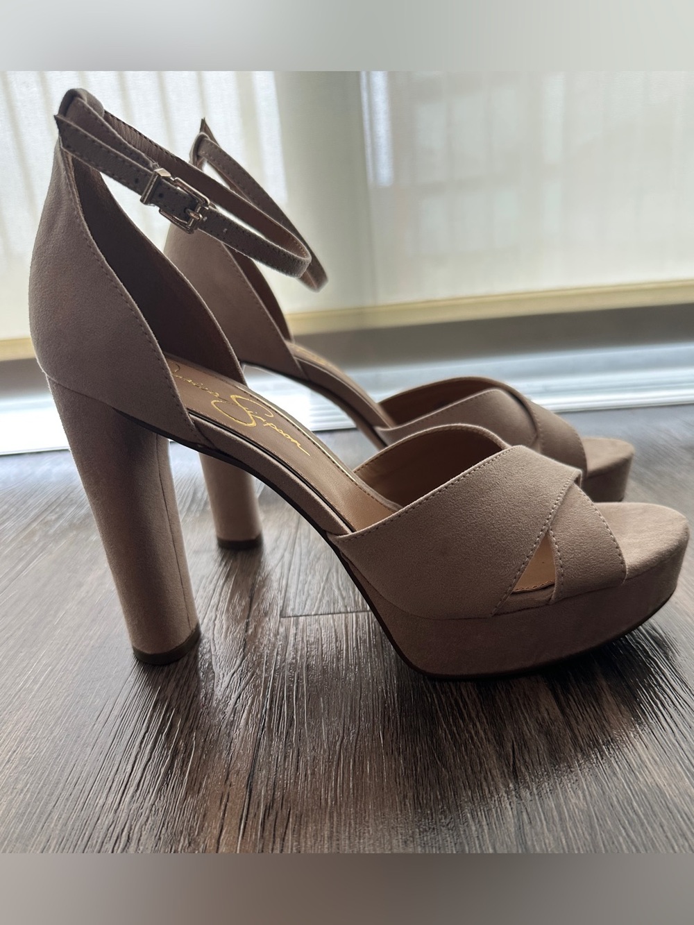 Jessica Simpson Taupe Suede Platform Ankle-Strap Heels